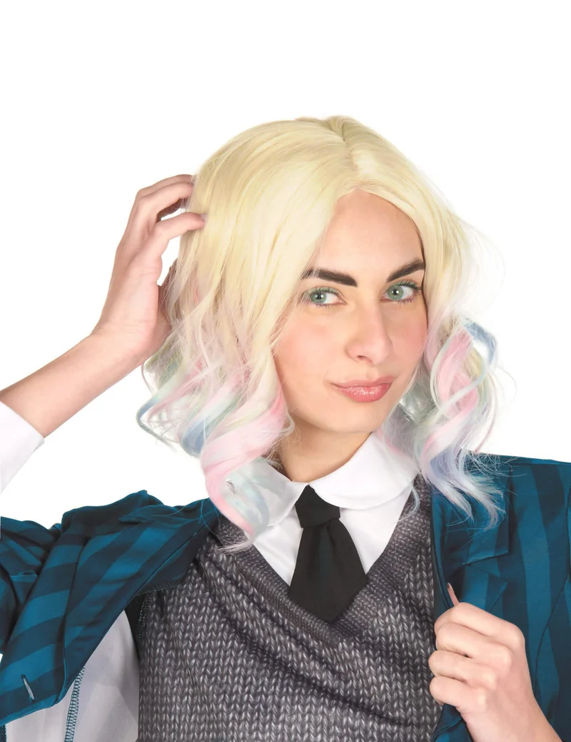 Gewellte Longbob Perücke blond mit blau-rosa Strähnen für Damen
