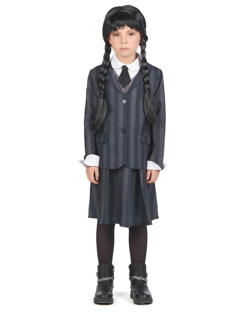 Gothic Schulmädchenkostüm für Kinder grau gestreift
