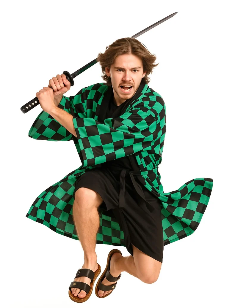 Kimono Schach Schwarz Grün für Damen