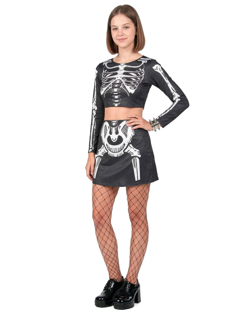 Skelett-Kostüm für Damen Crop-Top bauchfrei Gerippe Schwarz
