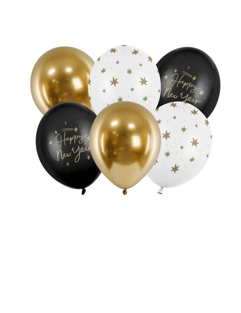 6 Happy New Year Luftballons schwarz und gold 30 cm