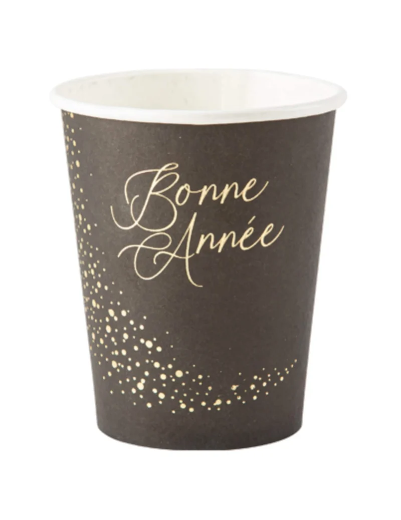 8 Pappbecher Happy New Year in Schwarz und Gold, 255 ml