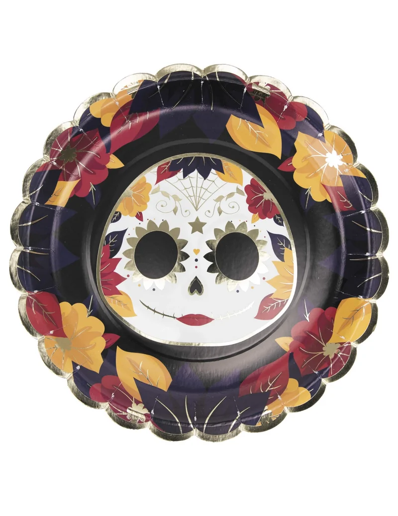 Tag der Toten-Pappteller Halloween Tischzubehör 8 Stück schwarz-bunt 23 cm