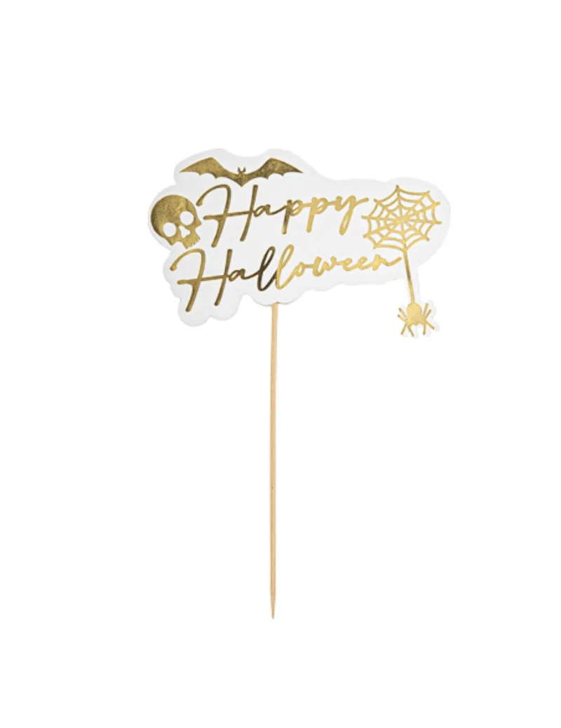 Happy Halloween-Partypicker Kuchendeko weiß-gold 16 x 25 cm