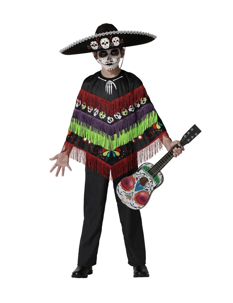 Tag der Toten-Poncho für Kinder Kostüm-Zubehör schwarz-rot-grün
