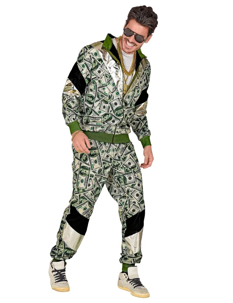 Bad Taste Dollar Jogginganzug 80er-Jahre Kostüm für Erwachsene grün-silber-schwarz