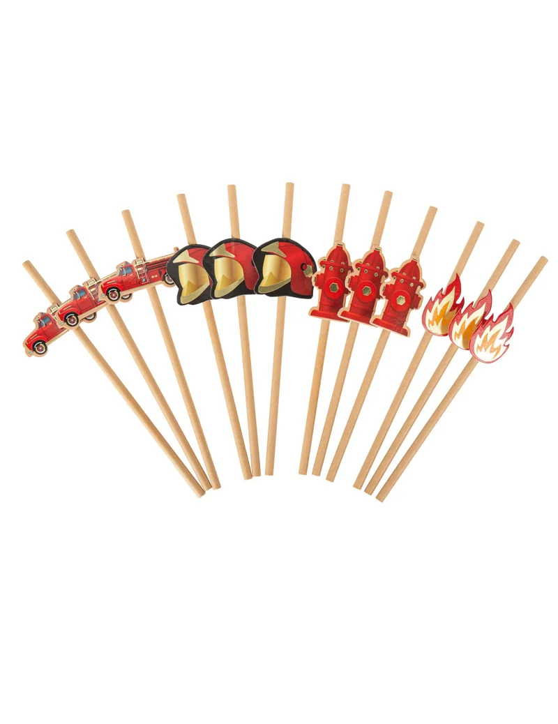 12 Feuerwehrstrohhalme aus Kraftpapier und Rot, 19,5 cm