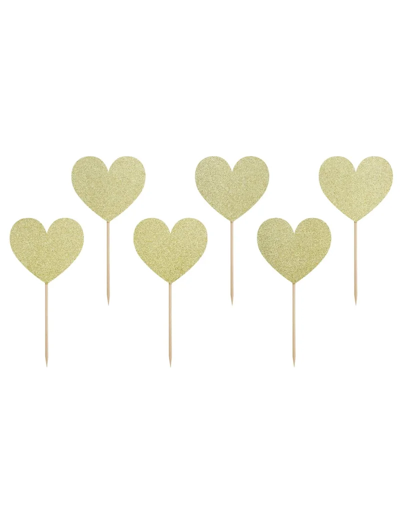6 goldene Herzpicks mit Glitzer 11 cm