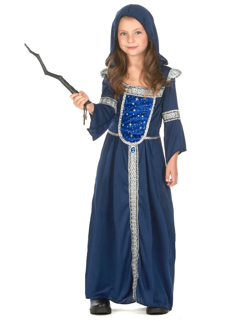 Zauberin-Mädchenkostüm für Halloween dunkelblau-goldfarben
