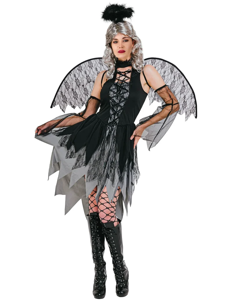Dunkler Engel Damenkostüm für Halloween schwarz-grau