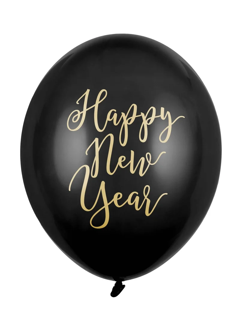 6 schwarze Latexballons Happy New Year gold 30 cm
