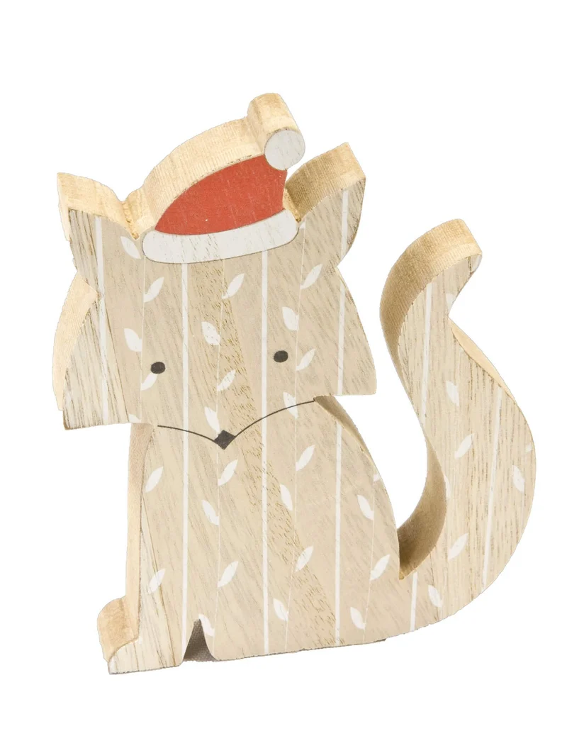 Fuchs Holzdekoration mit Weihnachtsmütze 12 x 10 cm in Naturtönen