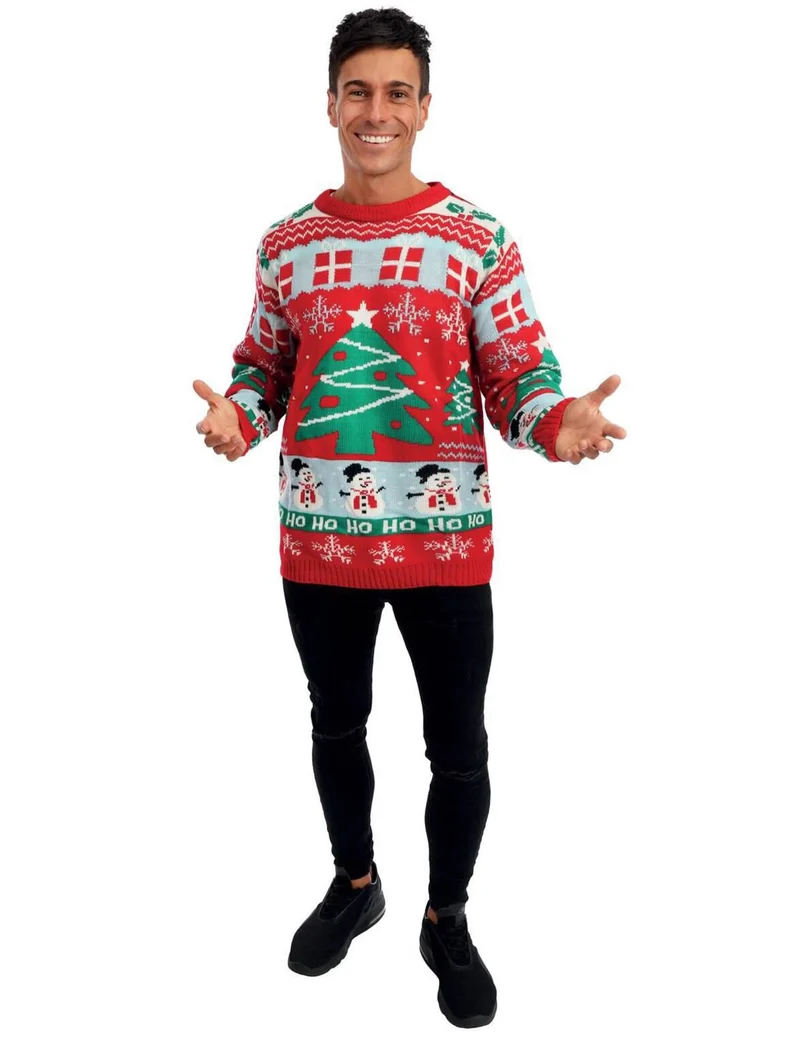 Festlicher Weihnachts-Pullover Weihnachtsbaum für Erwachsene rot-weiß-grün
