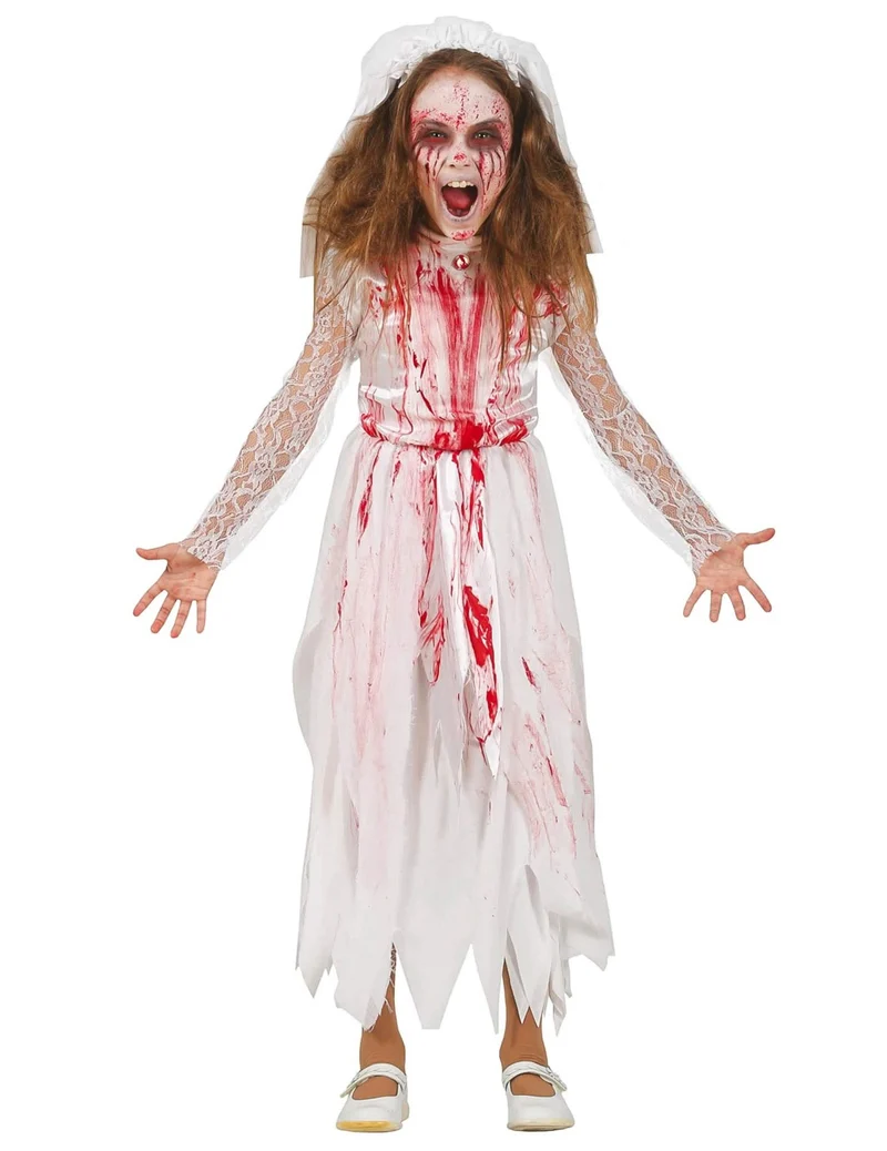 Horrorbraut-Mädchenkostüm für Kinder Halloween-Kostüm weiß-rot