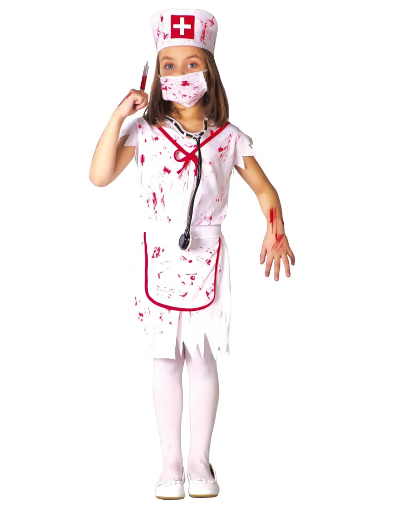 Kleine Zombie-Krankenschwester Mädchenkostüm für Halloween weiß-rot
