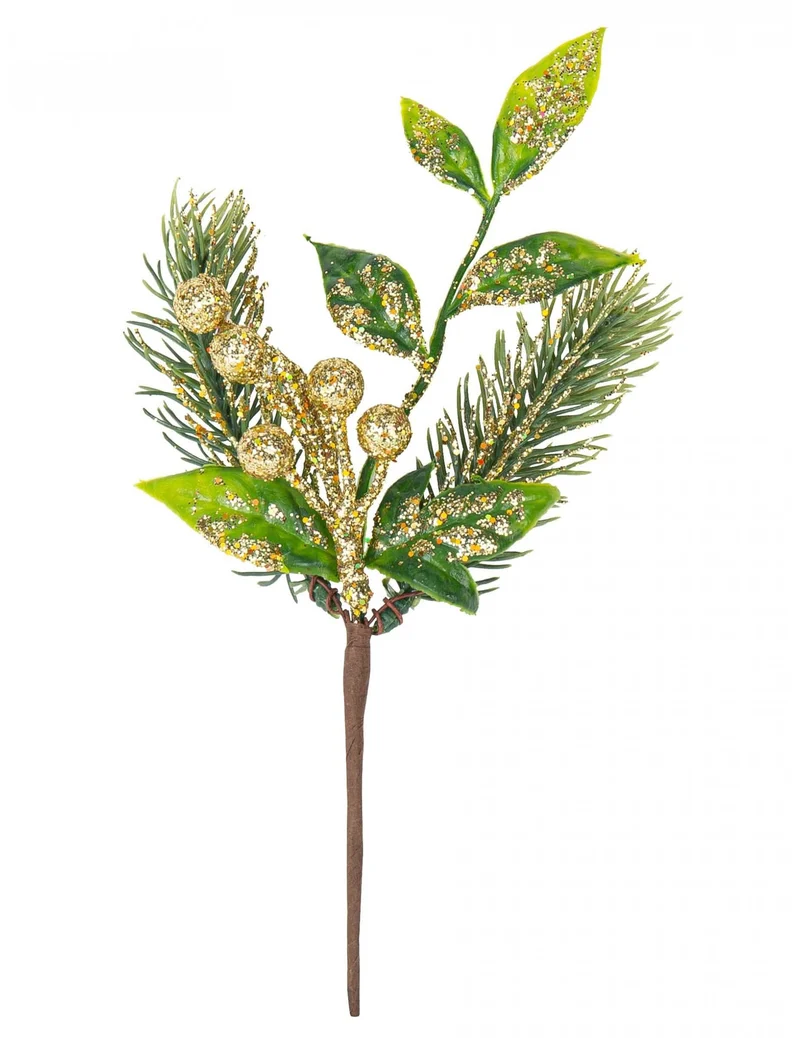 Zweig mit glitzernden goldenen Beeren 21 cm mit Tanne