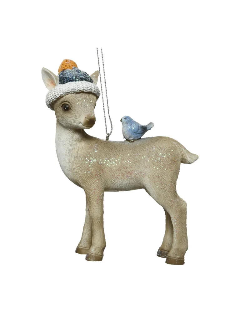 Weihnachtsbaum-Anhänger Rehkitz Pailletten 12 cm und Vogel