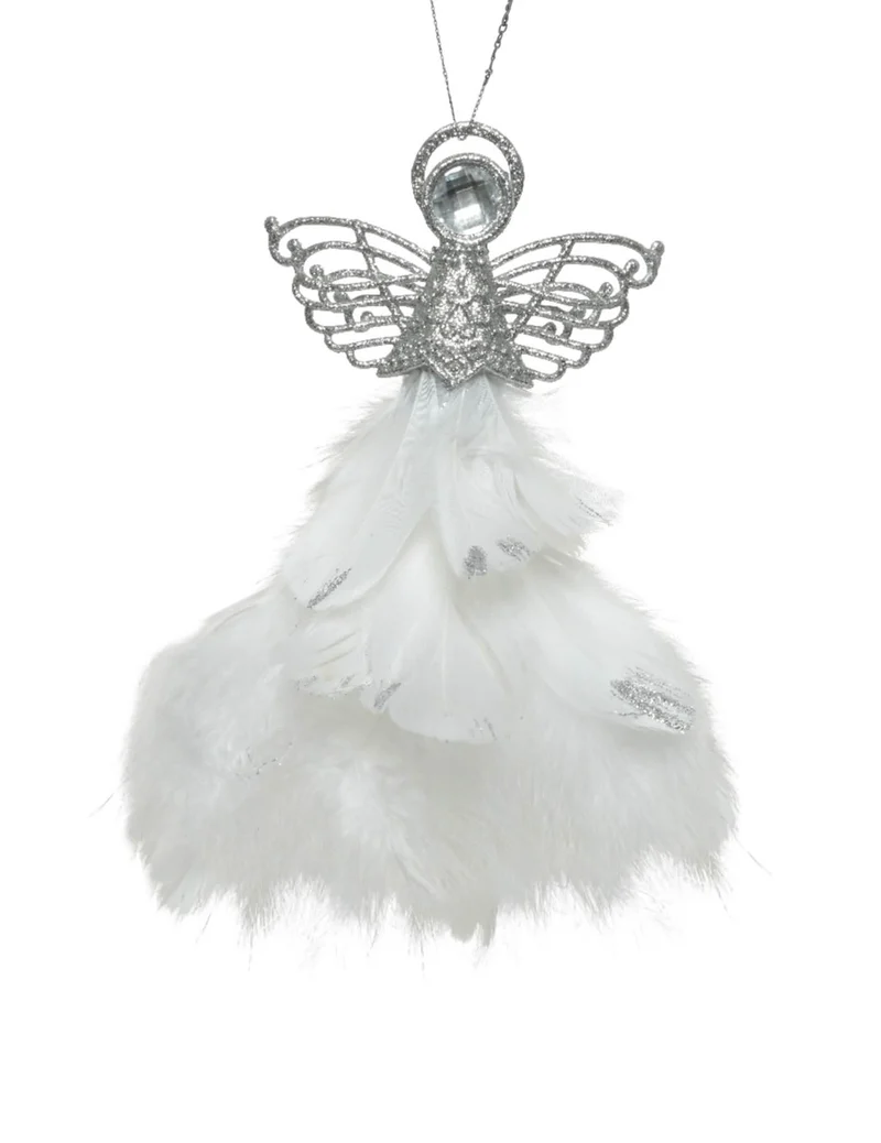 Silberner Engel-Anhänger mit weißen Federn 21 cm