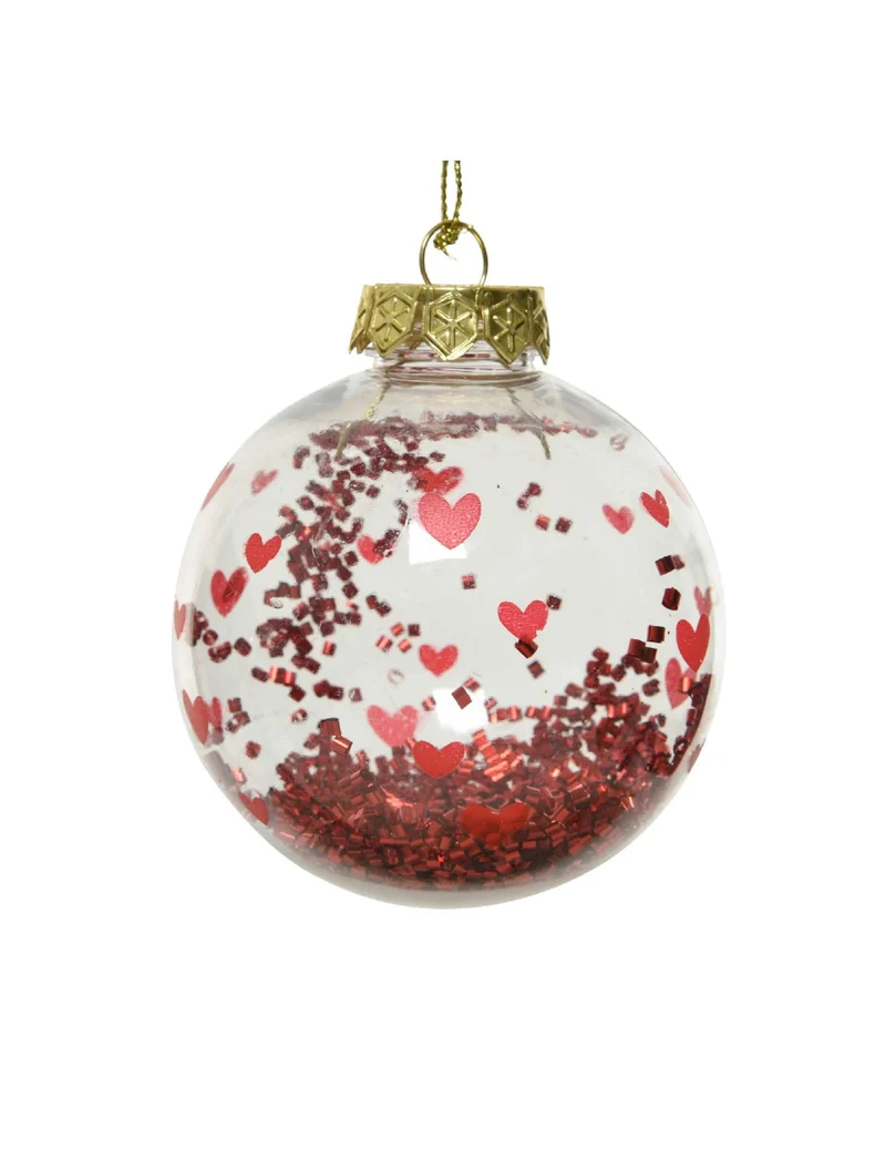 Transparente Weihnachtsbaumkugel mit roten Herzen und glitzerndem Konfetti 8 cm