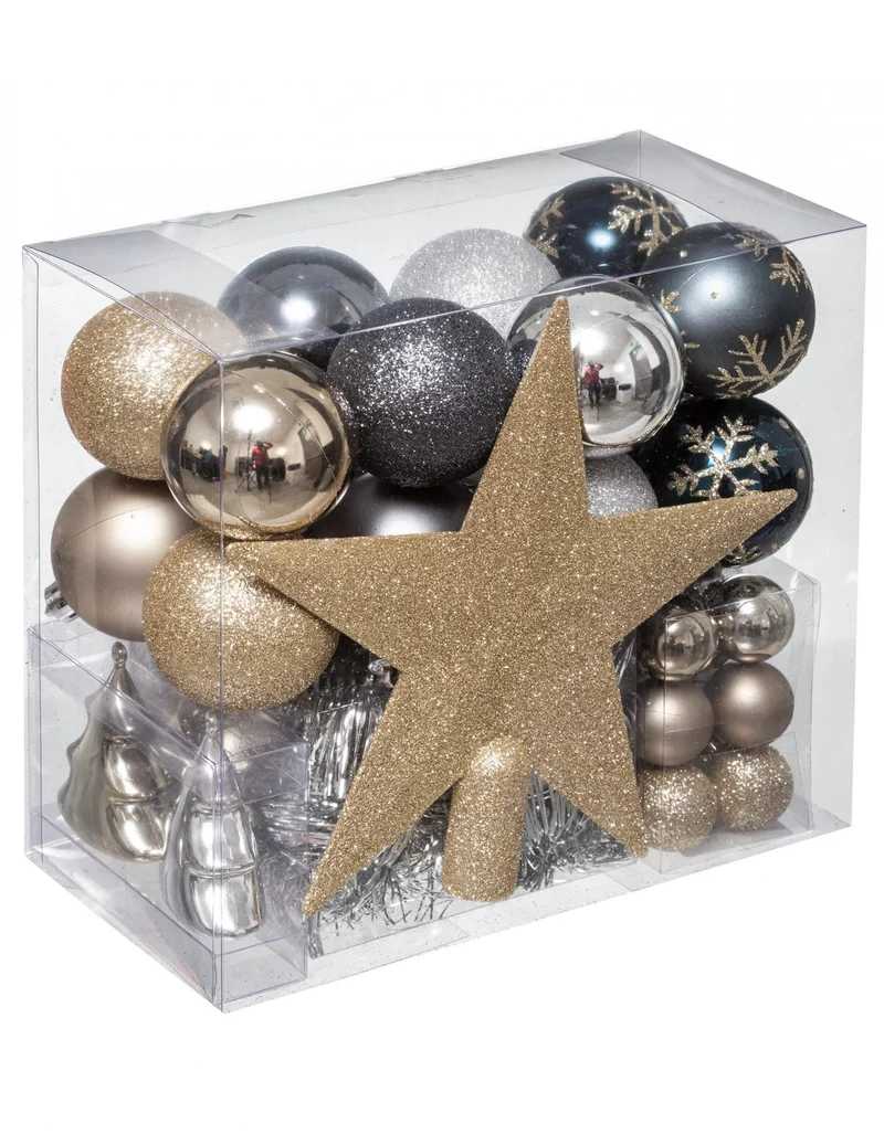 Weihnachtsbaumdekorationsset Gold und Silber, 44 Teile, Kugeln und Baumspitze