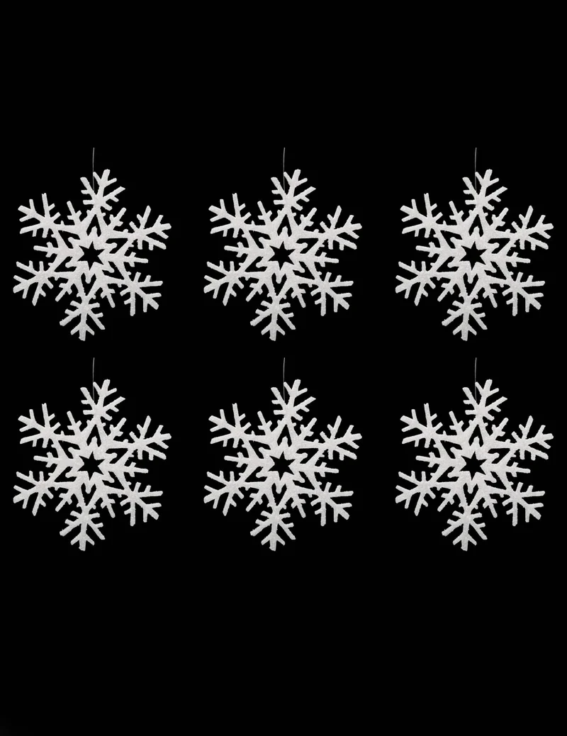 6 weiße Schneeflocken-Hänger 20 cm mit Glitzer