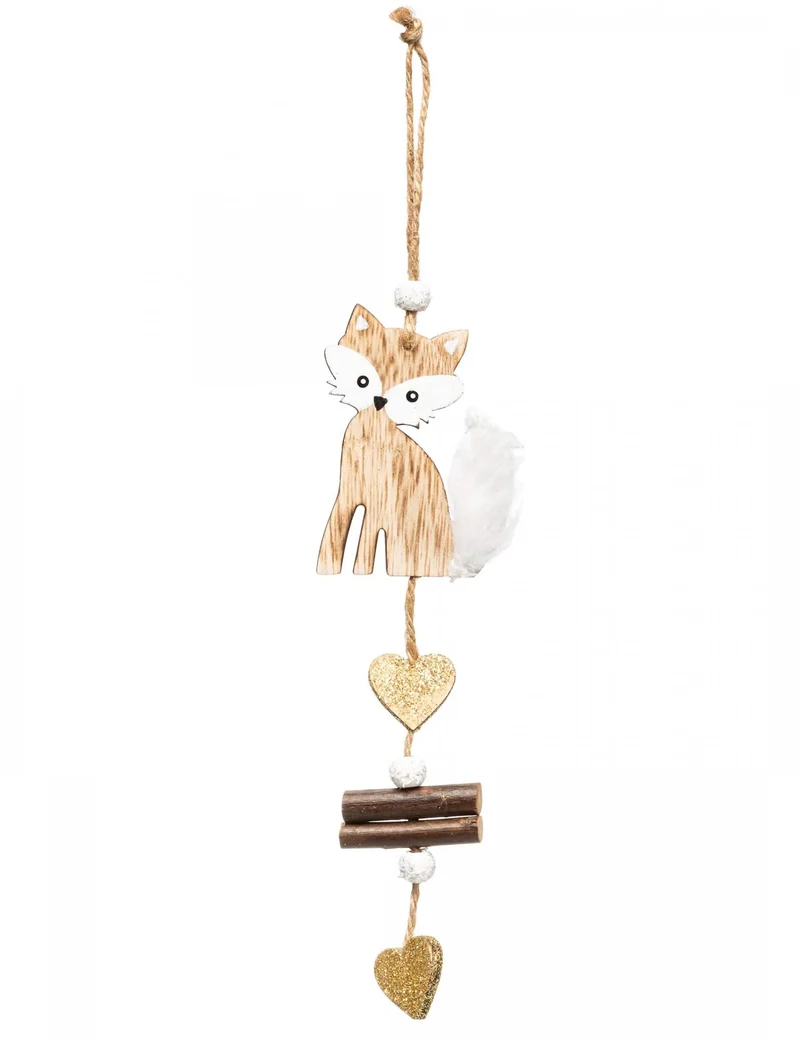 Holz-Hängedekoration süßer Fuchs 20 cm, goldene Herzen und Perlen