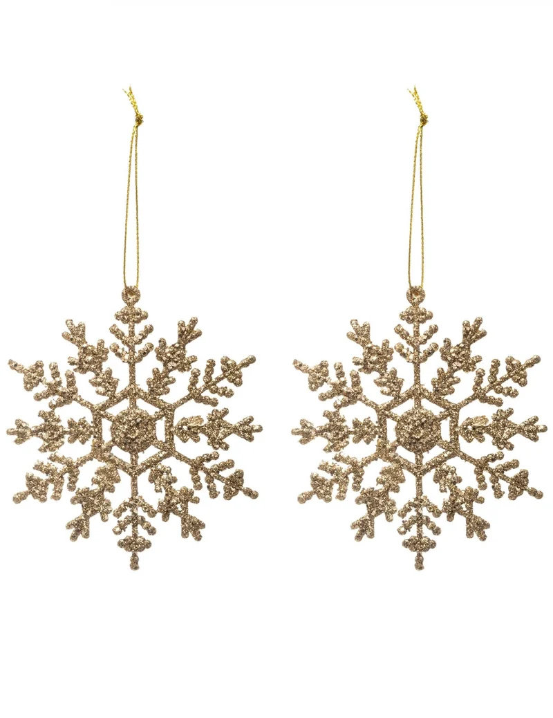 2 goldene Glitzer-Schneeflocken-Anhänger für den Weihnachtsbaum 9,5 cm