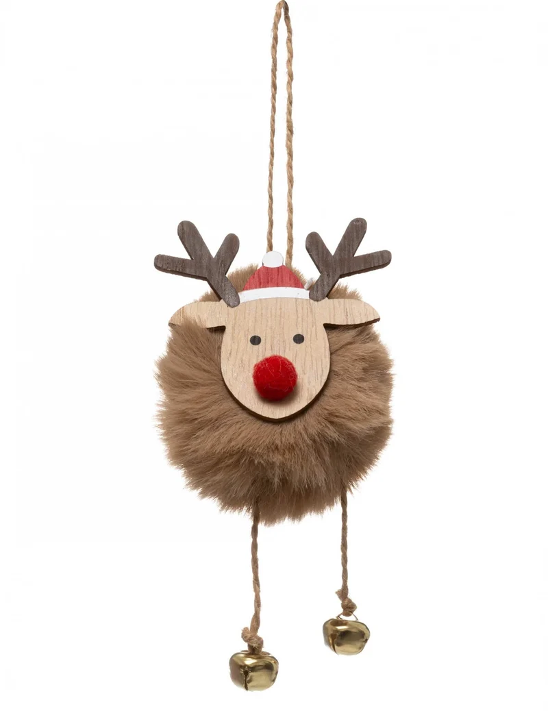 Weihnachts-Rentier-Pompon-Anhänger 13 cm mit Glöckchen