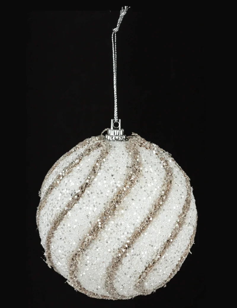 Weihnachtsbaumkugel mit Glitzer, weiß-gold, 8 cm, Spirale