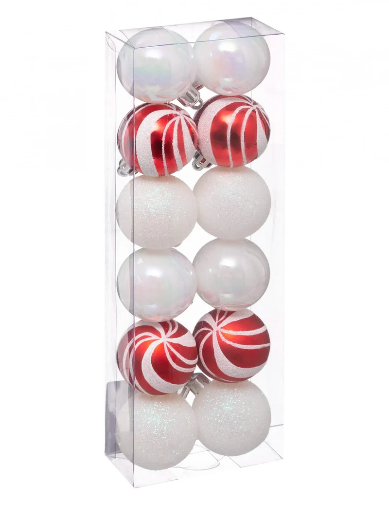 12 Mini-Weihnachtskugeln, weiß und rot, 4 cm, glitzernd