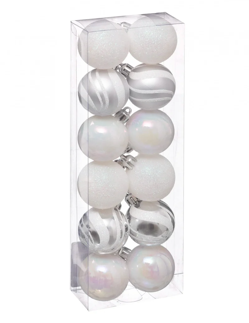 12 mini Weihnachtsbaumkugeln weiß und silber 4 cm glitzernd