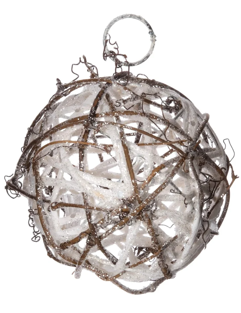 Weihnachtsbaum-Anhänger Rattan-Kugel Glitzer 7,5 cm weißes Holz